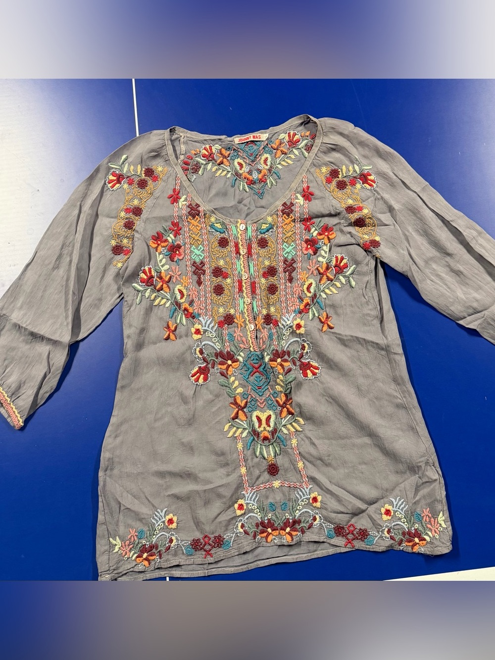 Johnny Was Gray Tunic with Multicolor Floral Embroidery